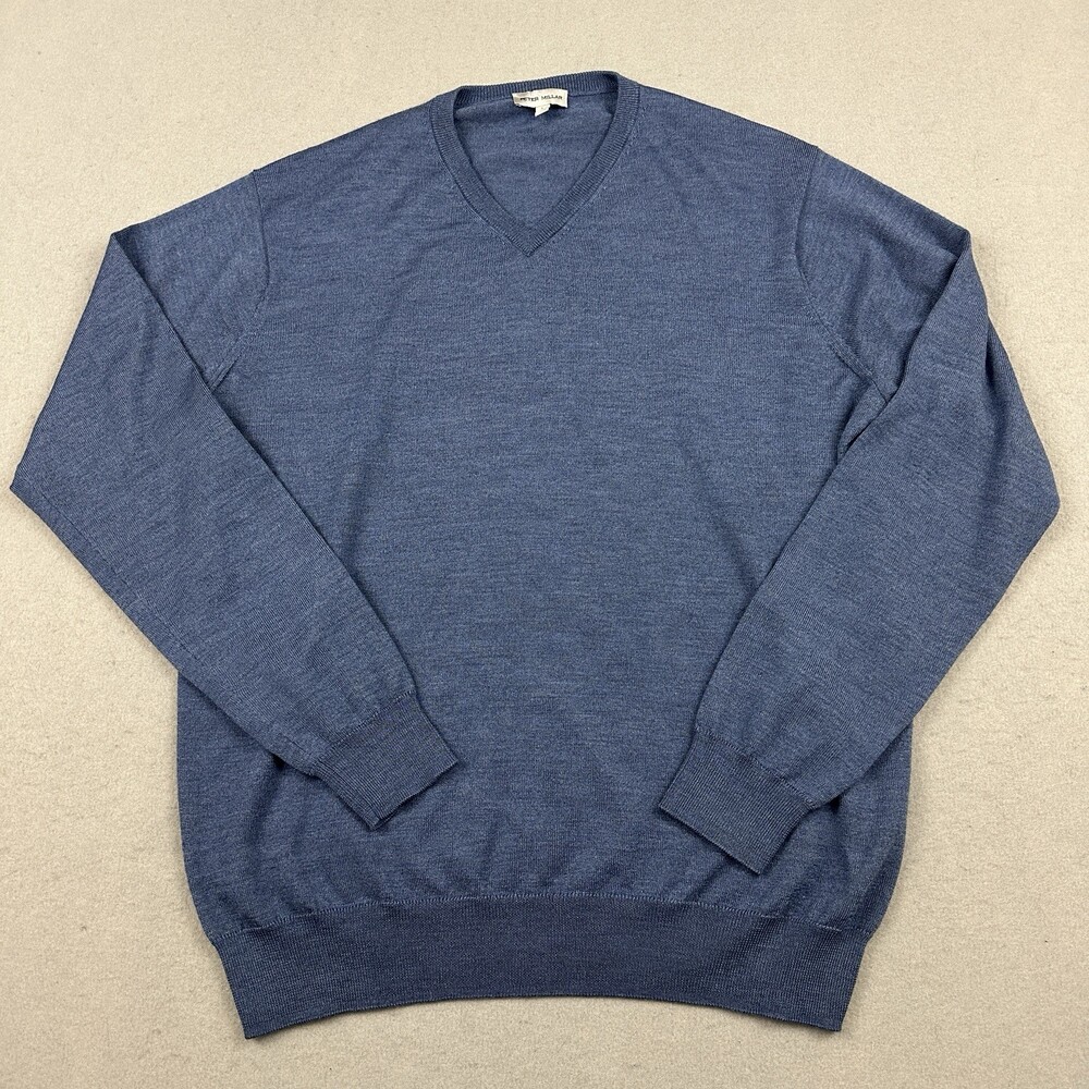 Peter Millar Sweater Men Large Blue Solid Pullover V-Neck Golf Knit Wool L